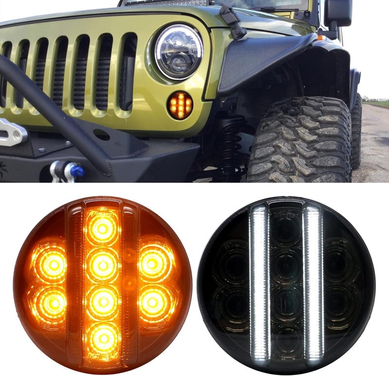 Aexploer for JK Front Turn Signal LED Lights Running Lamps Compatible with Wrangler JK JKU 2007-2018,White Vertical LED Bar as Daytime Running Lights,Amber Yellow LED as Turn Signal(Smoked Lens) - Image 1